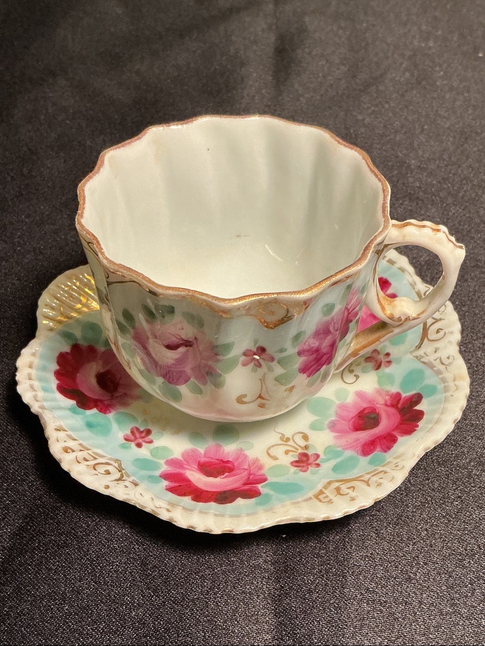 Antique Pink and Aqua Floral Porcelain Teacup with Saucer
